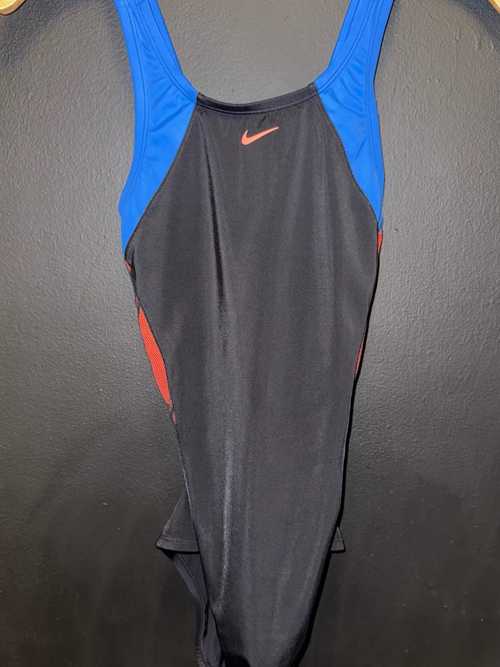 Nike Black One-Piece Swimsuit with Blue Straps and Red Details